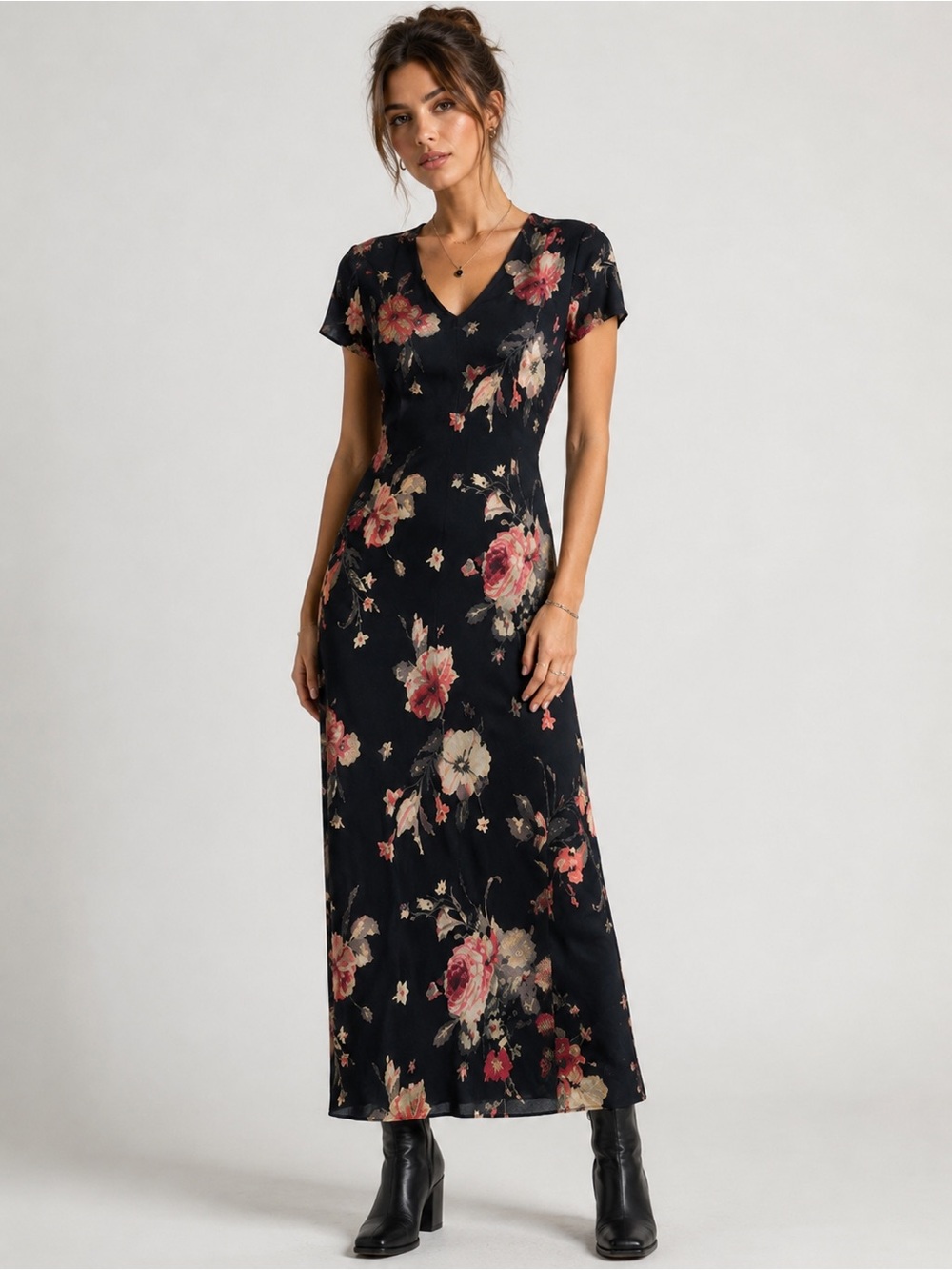 Evan Picone Vintage 90s Black Floral V-Neck Ankle Length Dress Size 10